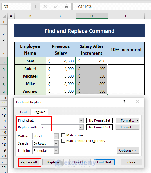 Find and Replace Command to copy and paste formulas in Excel without changing cell references