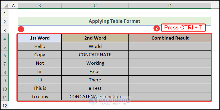 Applying Table Format to copy concatenate formula in excel