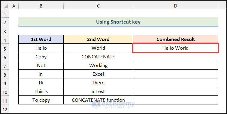 Using Shortcut key to copy concatenate formula in excel