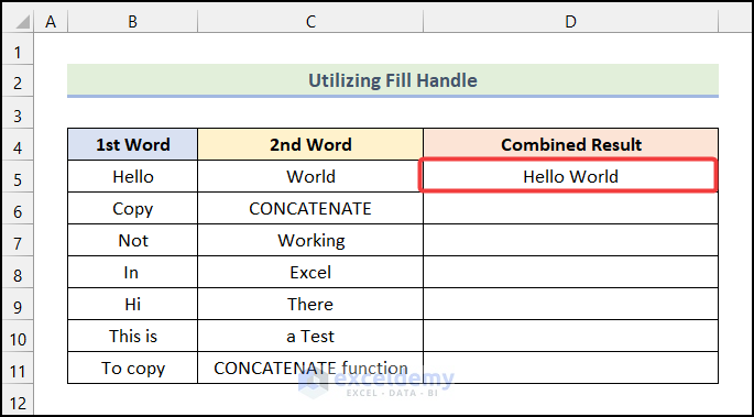Utilizing Fill Handle to copy concatenate formula in excel
