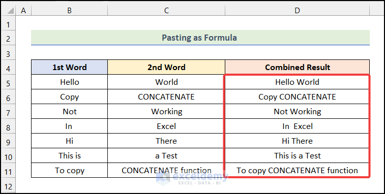 Final output of method 4 to copy concatenate formula in excel 