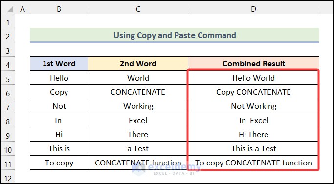 Final output of method 1 to copy concatenate formula in excel