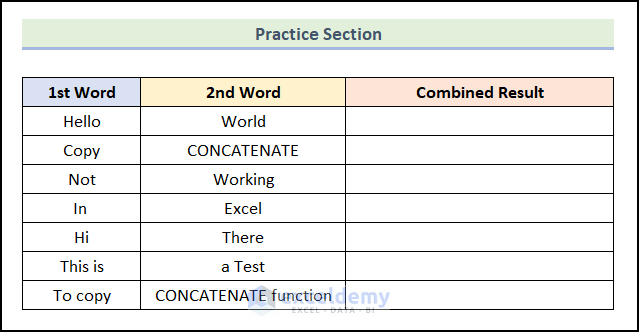 Practice section to copy concatenate formula in excel