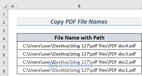 how to copy pdf file names into excel