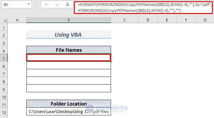 Implementing User Defined Function to Copy PDF File Names in Excel