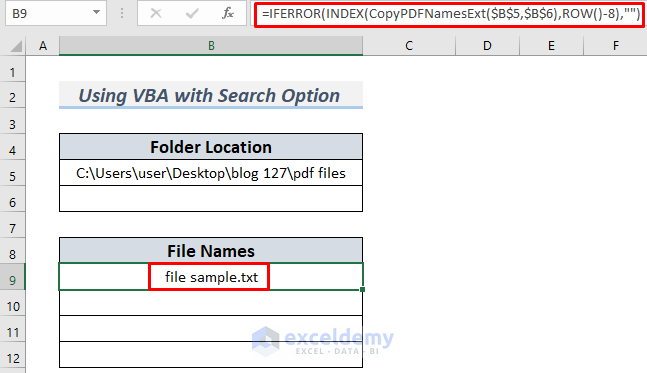 how to copy pdf file names into excel method 5