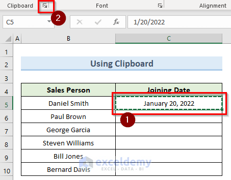using clipboard to copy the same date in excel