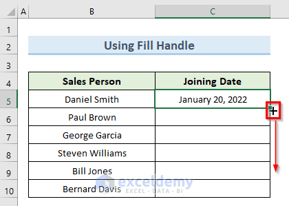 using fill handle to copy the same date in excel