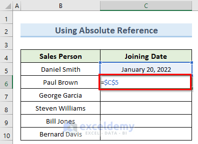 using absolute reference to copy the same date in excel