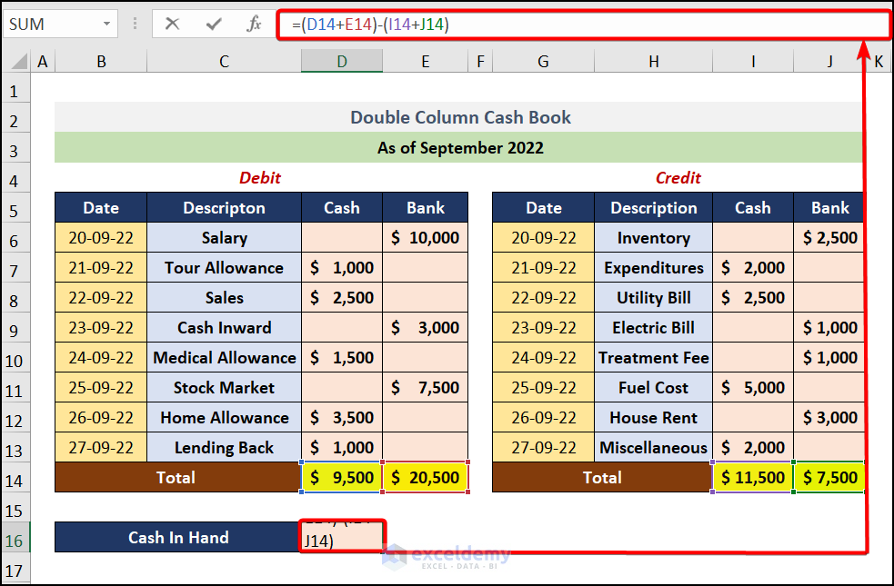 Calculation to create double column cash book in excel