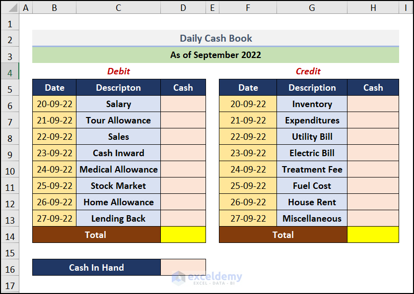 Insert Data to create cash book in Excel
