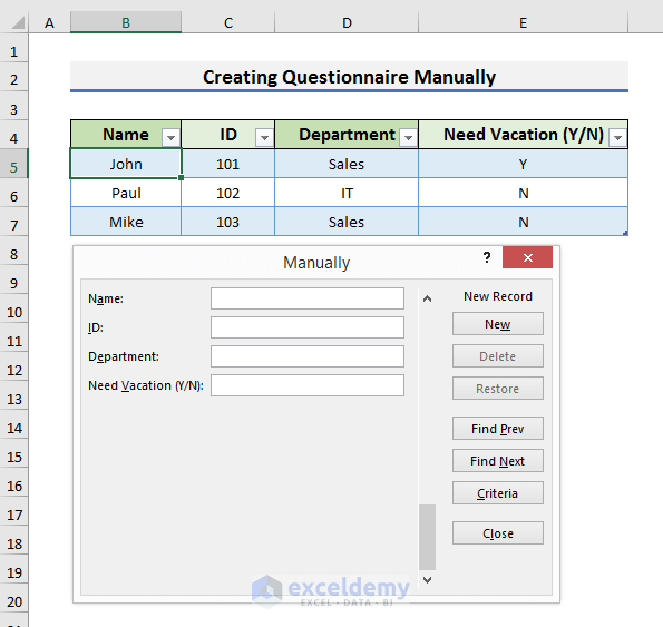 how to create a questionnaire in excel