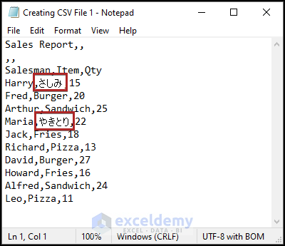Utilizing CSV UTF-8 to create csv file from excel
