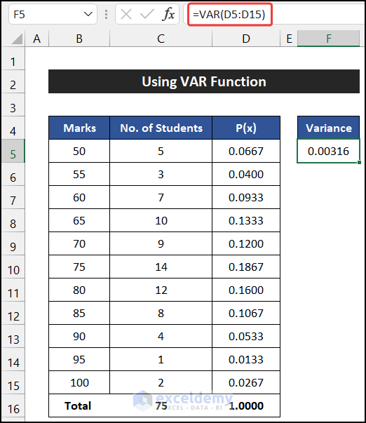 Using VAR Function to Find the Variance of a Probability Distribution