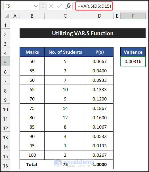 Utilizing VAR.S Function to Find the Variance of a Probability Distribution