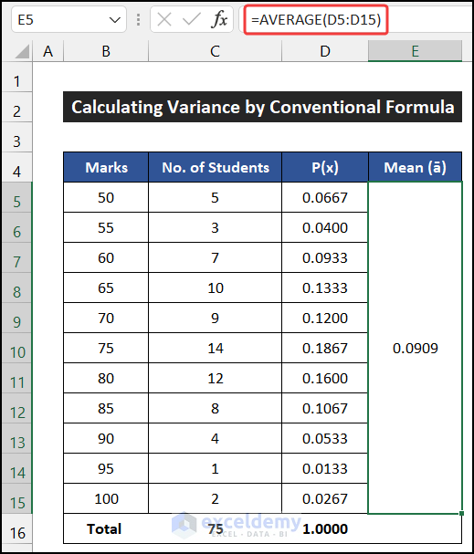 Using AVERAGE Function for Calculating Mean to Find the Variance of a Probability Distribution
