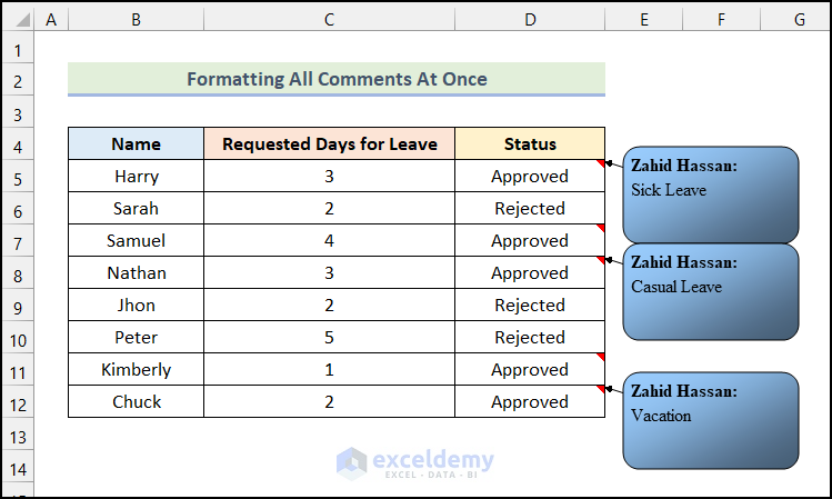 Final output of method 3 to Format All Comments At Once in Excel