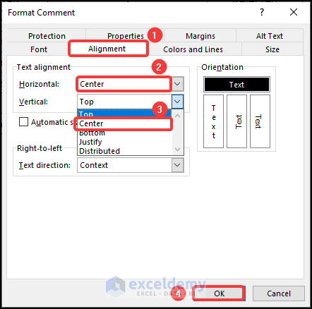 Format the Alignment of Comment to format comments in Excel