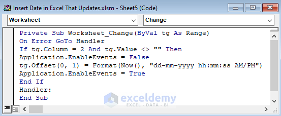 Employ a VBA Code to Insert and Update Dates
