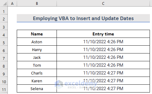 Insert Date in Excel That Updates