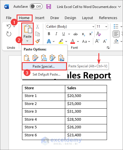use Paste Special to link excel chart to word