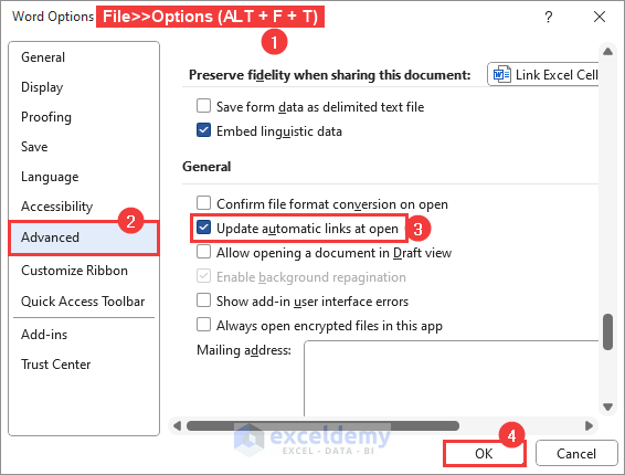 enable update automatic links at open