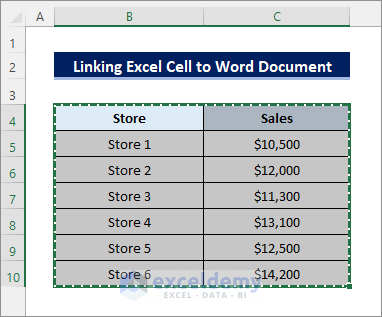 copy excel cell to link to word