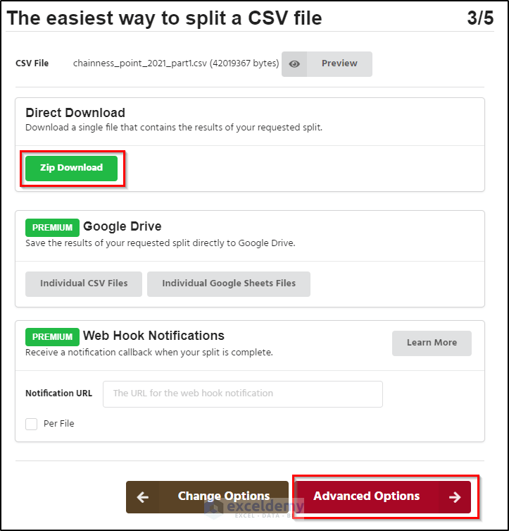 download or advanced options in third party website for opening large csv files in excel