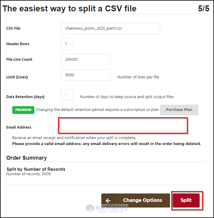 open large csv files in excel through splitting files in third party websites