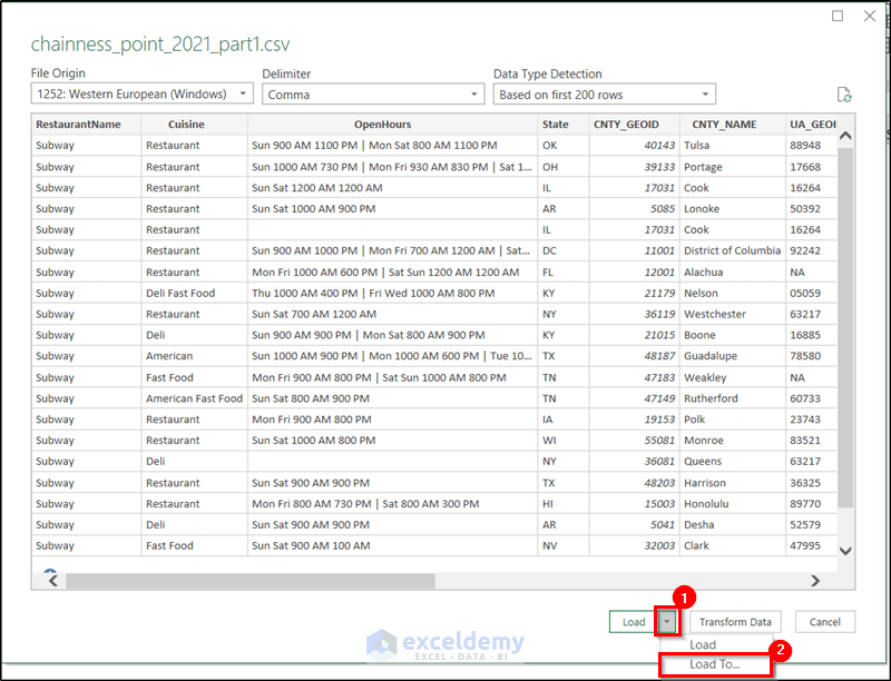 power query window to open large csv files in excel
