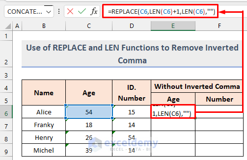 Use of REPLACE and LEN Functions to Remove Inverted Comma