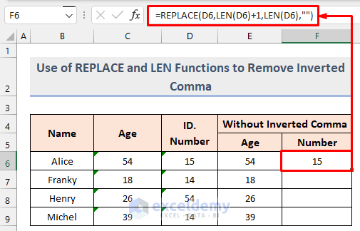Use of REPLACE and LEN Functions to Remove Inverted Comma