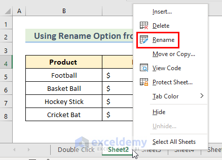 Use Rename Option from Menu in Excel