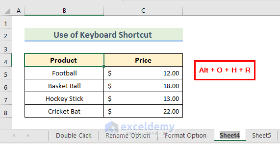 Apply Keyboard Shortcut to Rename a Sheet