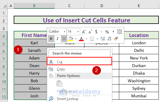 Insert Cut Cells to reorder columns in excel