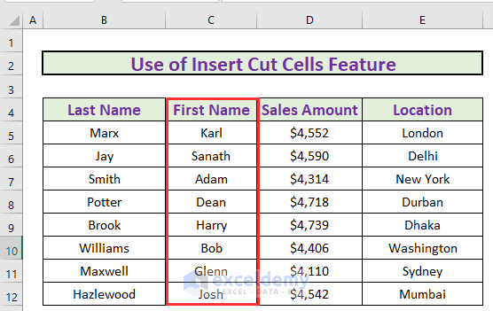 Insert Cut Cells to reorder columns in excel