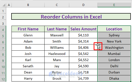 Move & Drag to reorder columns in excel