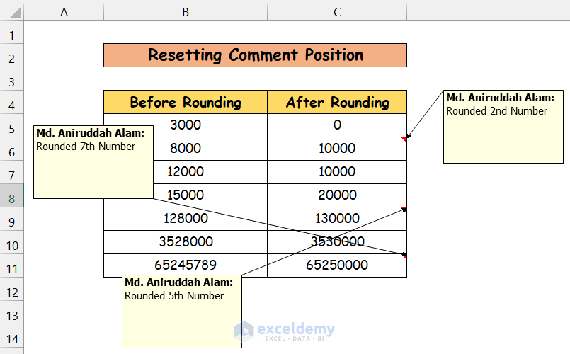how to reset comment position in excel