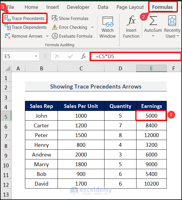Selecting Trace Precedents Option to show tracer arrows in Excel