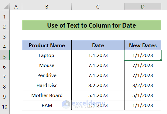 Result of how to use to columns in excel for date