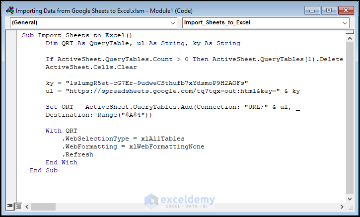 VBA Code to import data from google sheets to excel