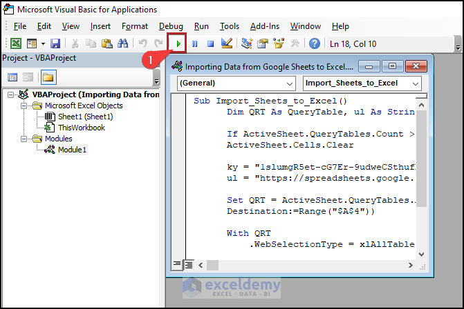 Run the VBA Code to import data from google sheets to excel