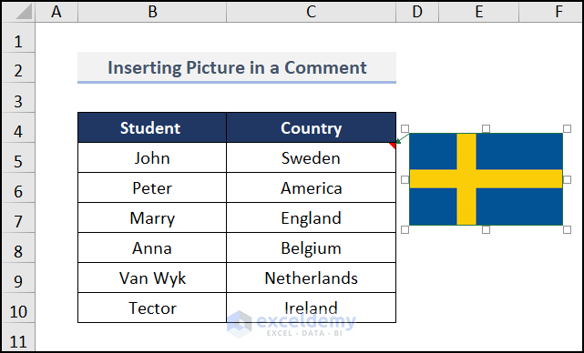 inserted picture in comment in excel