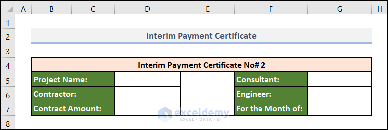 Create Basic Outline of interim payment certificate format in excel