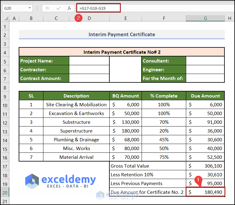 Present Due Amount of Interim Payment in Excel