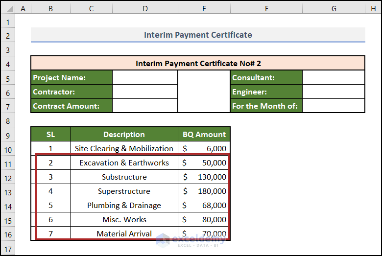 Mention Work Details and Bill Quantity to create interim payment certificate format in excel