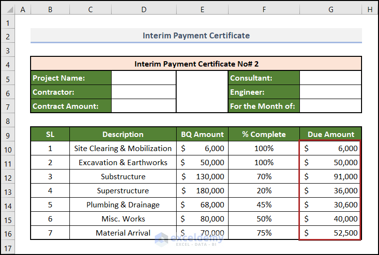 Calculate the Total Due Amount of interim payment certificate format in excel