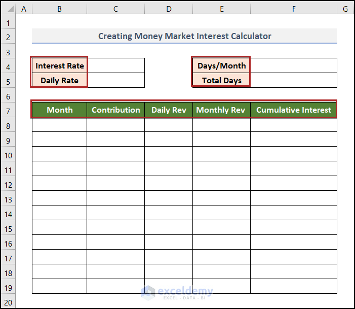 Create Basic Outline of money market interest calculator in excel