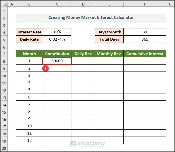 Entering the Deposit amount in money market interest calculator