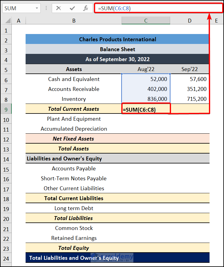 Enter and Calculate Assets for monthly balance sheet format in Excel